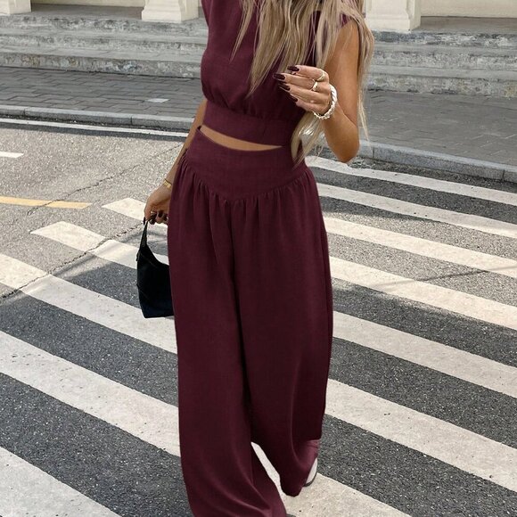 Burgundy Casual Women's Cropped Top and Pants Set - Picture 6 of 6